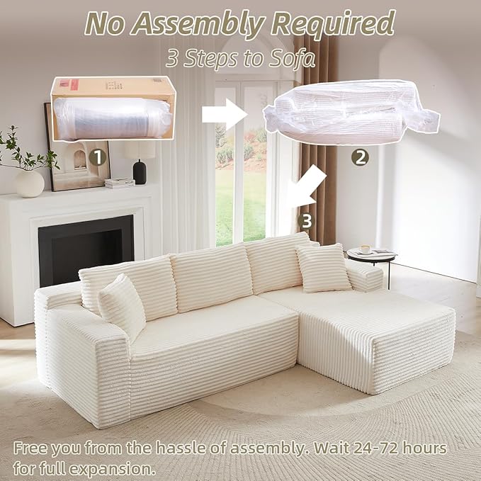 Modular Cloud Sectional Couch with L-Shape Chaise,Modern Upholstered Couches with Deep Seat,Corduroy Sponge Compressed Sofa for Living Room, Bedroom,No Assembly Required(Off White)