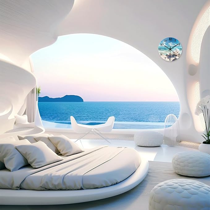 XNM Coastal Small Clock Battery Operated 12 Inch Analog Blue Wall Clock for Bedroom Glass Silent Wall Clock Decorative