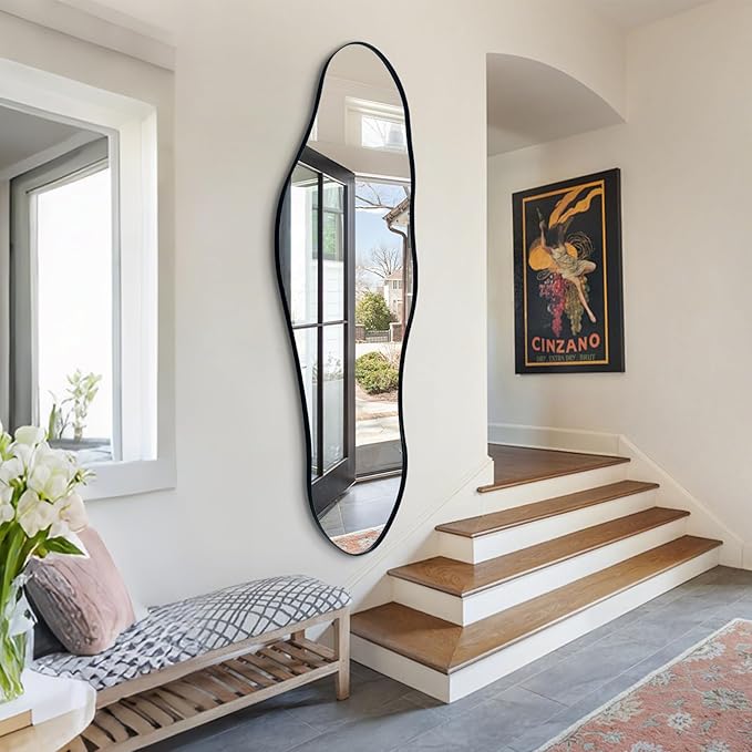 Irregular Mirror Full Length, 63"x22.5" Large Asymmetrical Wall Mirror, Black Metal Frame Abstract Decorative Mirrors for Living Room Bathroom Bedroom Hallway Entryway Fireplace