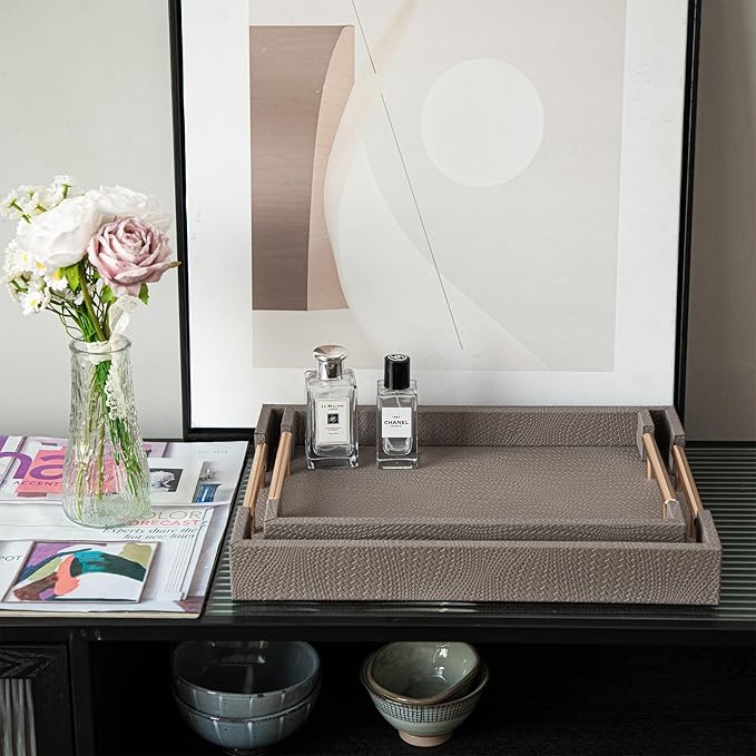 2 Piece Woven Leather Ottoman Tray with Gold Handles, Perfect Rectangular Serving Tray for Living Room, Coffee Table Tray as Thoughtful Gift for Home Decor Enthusiasts (Coffee Brown)