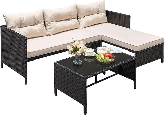 Greesum 3 Piece Patio Furniture Set Outdoor Wicker Rattan Sectional Sofa with Cushions & Coffee Table for Yard, Garden, Porch, Poolside, Light Beige