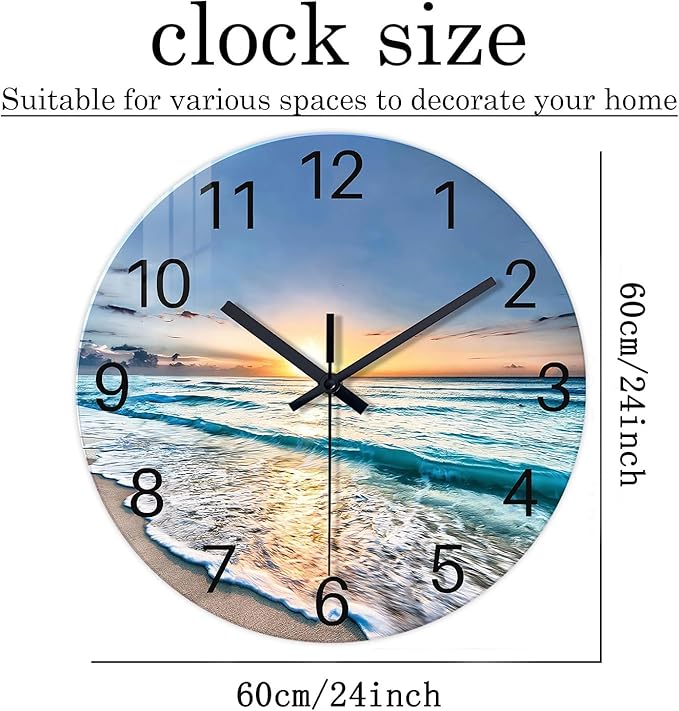 Coastal Glass Battery Wall Clock 24 Inch Blue Extra Large Clocks for Living Room Decor Round Quite Wall Clock Non Ticking