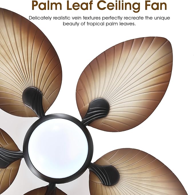 Tropical Ceiling Fans with Lights and Remote/APP Control, 44 Inch Palm Leaf Ceiling Fan with LED Lights, Outdoor Ceiling Fans for Patios Porch, Reversible Quiet Motor, Dimmable, Wood Grain