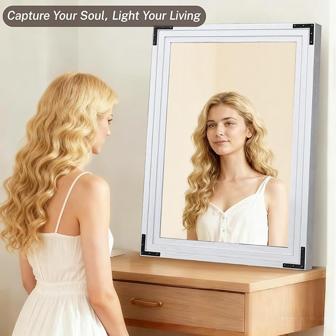 Full Length Mirror 40"x30" Solid Wood Frame Floor Standing Mirror, Hanging or Leaning Wall-Mounted for Living Room, Bedroom, Rustic White