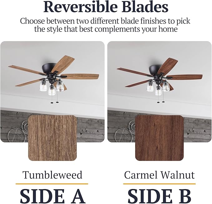 Prominence Home Arthur, 52 inch Industrial Farmhouse Flush Mount LED Ceiling Fan with Light, Pull Chain, Three Mounting Options, Dual Finish Blades, Reversible Motor - 51486-01 (Espresso)