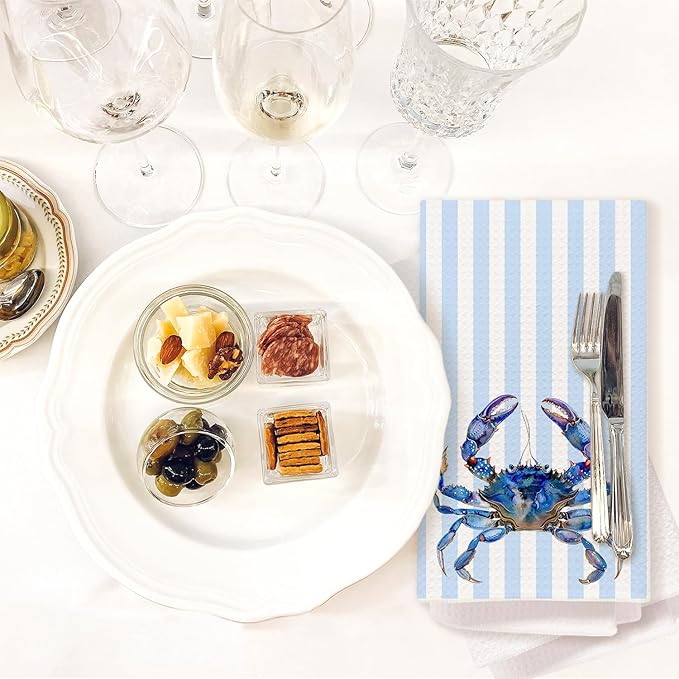 Blue Crab Coastal Bathroom Decor Hand Towels, Coastal Nautical Dish Tea Towels, Blue Striped Beach Ocean Animal Decorative Hand Towel for Bathroom Kitchen, 16x24 Inch