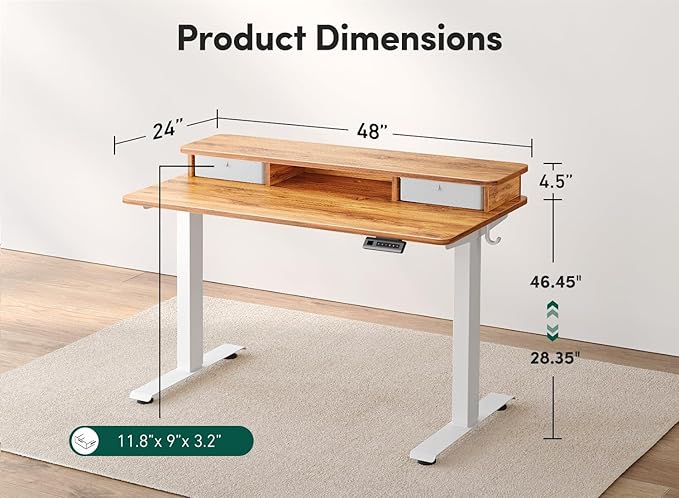 FEZIBO 48 x 24 Inch Height Adjustable Electric Standing Desk with Double Drawer, Computer Desk, Home Office Stand Up Table with 4 Height-Adjustable Feets & 2 Hooks, Light Rustic