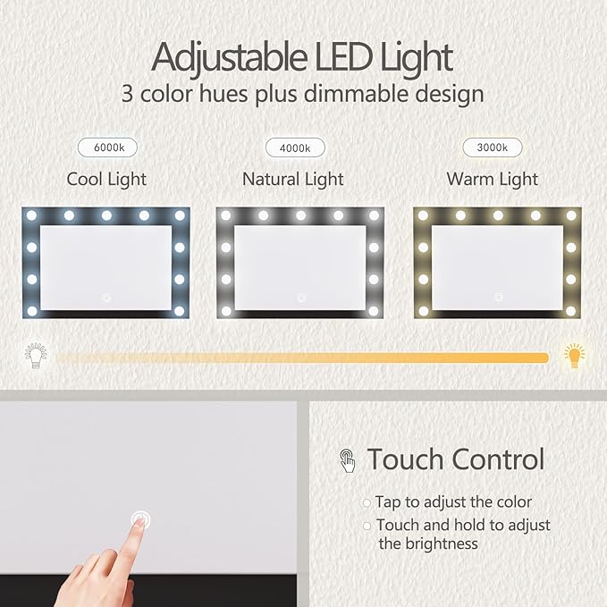 Makeup Vanity with Stool, Large Drawer and Power Socket with 11 Light Bulbs and 3 Adjustable Lighting Modes, Vanity Table for Bedroom (Black)