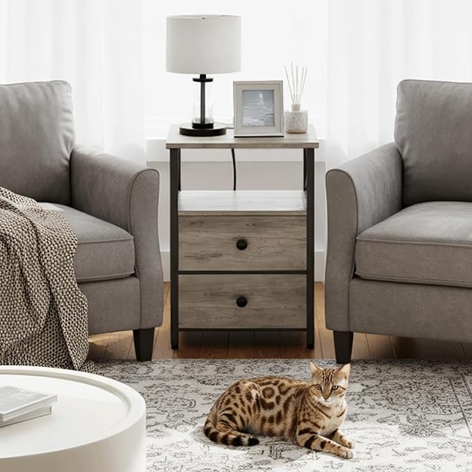 AMHANCIBLE Night Stand Set 2, Nightstand with Charging Station, End Tables Living Room with USB Ports and Outlets, Bedside Tables with Fabric Drawers for Bedroom, Greige HET05XGY