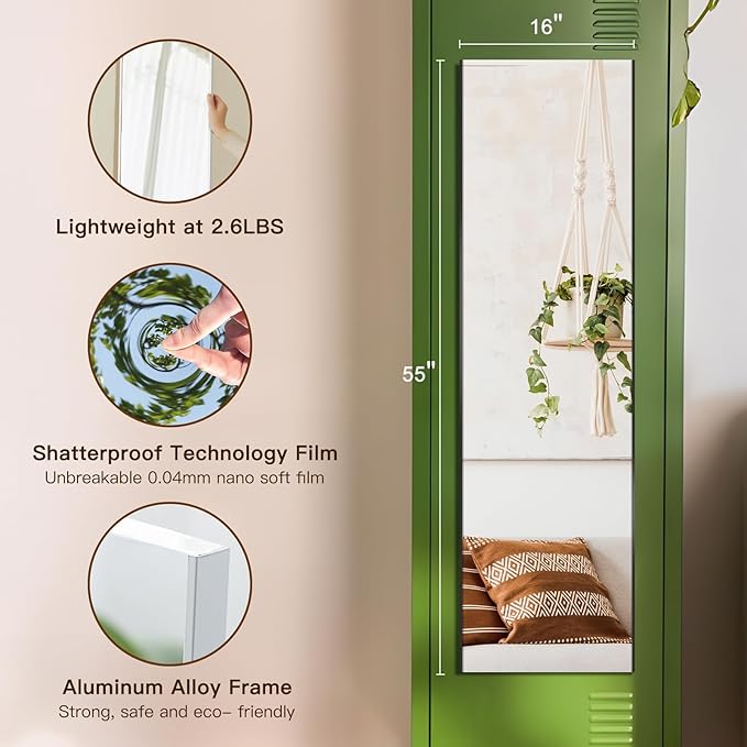 55"x16" Magnetic Mirror Lightweight Full-Length Mirror | Strong Adhesion, Easy Installation | Suitable for Refrigerators, Glass Walls, Wooden Doors, and More | 8.2kg Ultra-Strong Support | Black