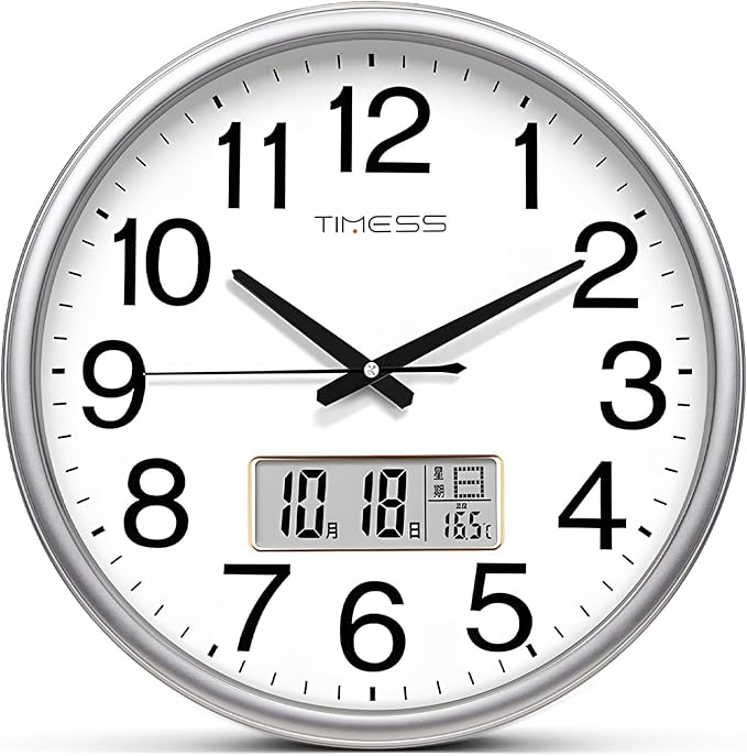 Wall Clock, 11 Inch Non-Ticking Silent Battery Operated Quartz Analog with LCD Display for Perpetual Calendar and F° Temperature, Ideal Modern Home, Bedroom, Kitchen, Office Décor (Sliver)