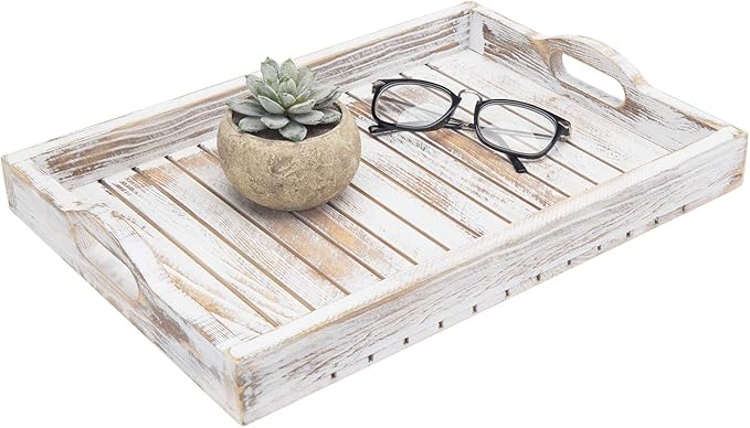 MyGift Shabby Chic Whitewashed Wood Breakfast Serving Tray with Cutout Handles with Slatted Design, Breakfast Ottoman Coffee Table Tray, 16 x 11 Inches