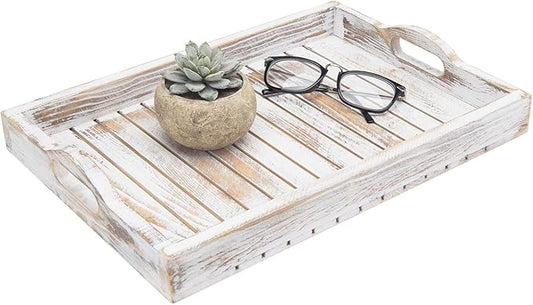 MyGift Shabby Chic Whitewashed Wood Breakfast Serving Tray with Cutout Handles with Slatted Design, Breakfast Ottoman Coffee Table Tray, 16 x 11 Inches
