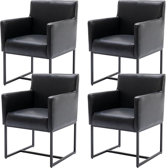 Set of 4 Upholstered Dining Chairs with Armrest, PU Leather Modern Accent Armchairs, Kitchen & Dining Room Chairs Side Chairs, Black