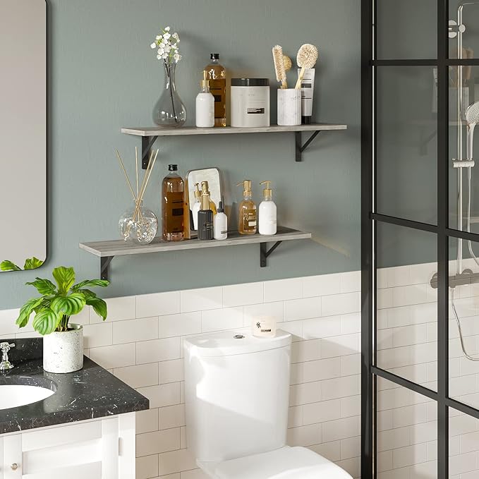 DINZI LVJ Long Shelf, 31.5 Inch Large Wall Mounted Shelves Set of 2, Easy-to-Install, Display Ledges with Sturdy Metal Brackets for Living Room, Bathroom, Bedroom, Kitchen, Laundry Room, Gray Wash