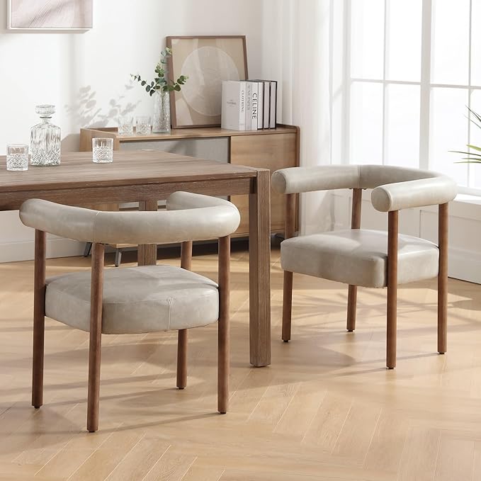 Mid-Century Modern Dining Chairs Set of 4, Armrest Barrel Dining Chairs Side Accent Chairs with Curved Back, Upholstered Wood Armchairs for Kitchen, PU Leather Grey