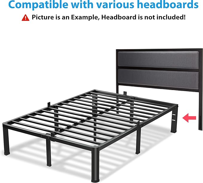 16 Inch Queen Bed Frame, 3500Lbs Heavy Duty Metal Platform with Round Corner Legs Mattress Slide Stopper, Steel Slat Support No Box Spring Needed, Noise Free, Non-Slip, Easy Assembly