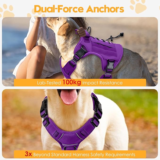 Heavy-Duty Tactical Dog Harness for Large Dogs, No Pull Adjustable Reflective Pet Vest with Molle System, K9 Military-Grade Control for Service Training, Outdoor & 10+ Breeds, Purple, X-Large