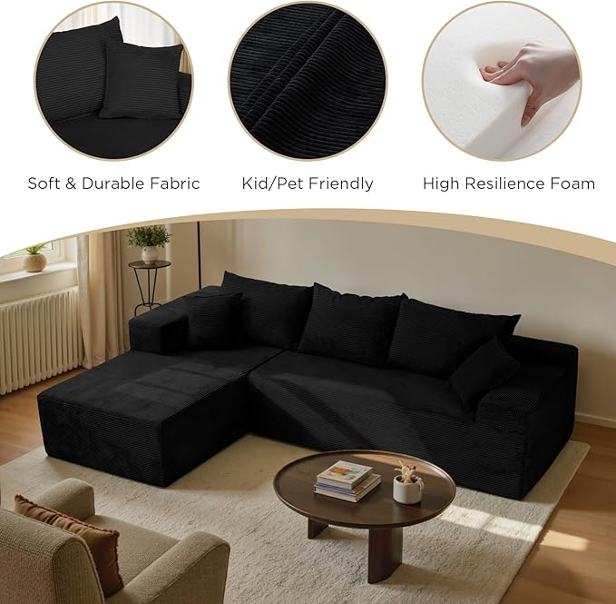 Black Sectional Couches for Living Room, Boneless Couch with L-Shape Chaise, Modular Sofa in Box with Deep Seat, No Assembly Required