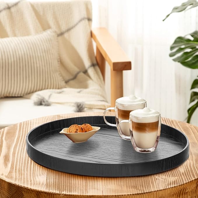 Round Solid Wood Serving Tray Extra Large Tea Coffee Snack Food Meals Serving Plate Non-Slip Kitchen Party Bar Server Ottoman Tray Breakfast Tray with Raised Edges (15.7inch/40cm) Black