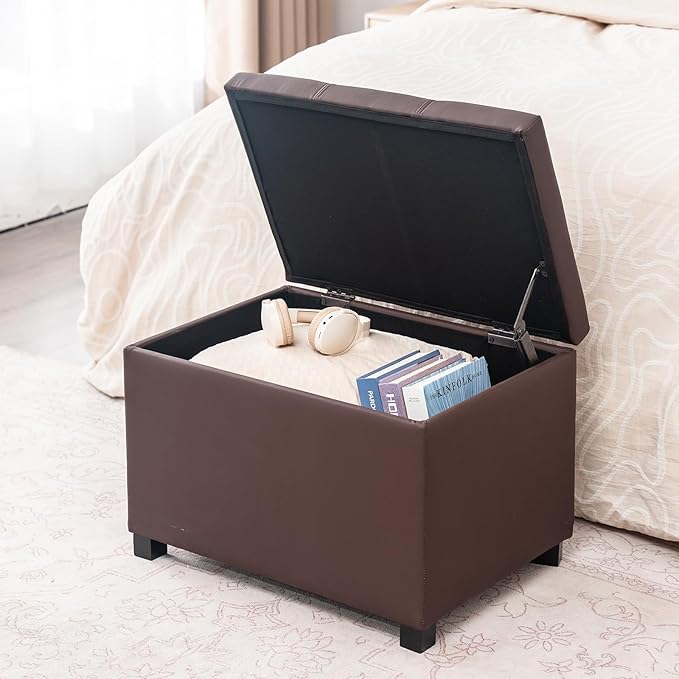 Joveco 24" Leather Storage Ottoman Bench, Rectangle Foot Rest Stool for Living Room, Bedroom, Entryway, Brown