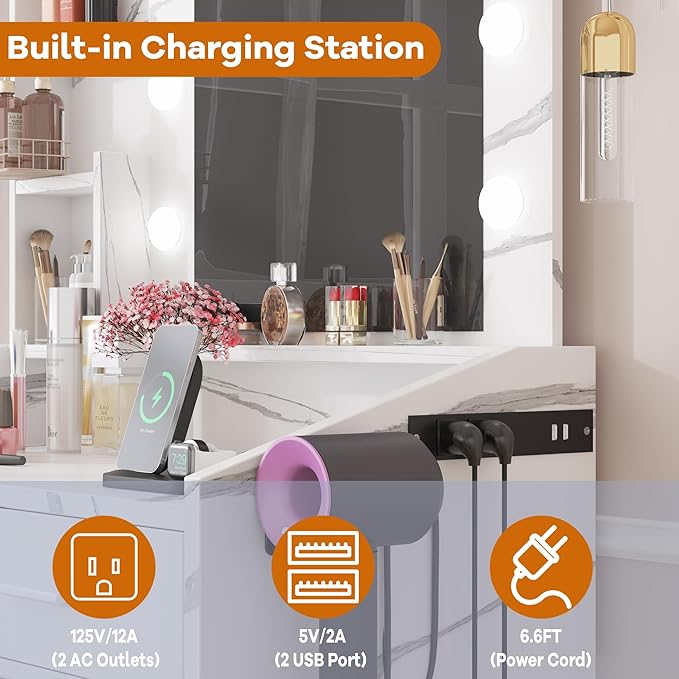 Vanity Desk with Mirror and Lights for Bedroom, Marble White Modern Makeup Table with 2 Drawers, 3 Light Modes & Dimmable LED, Includes Stool