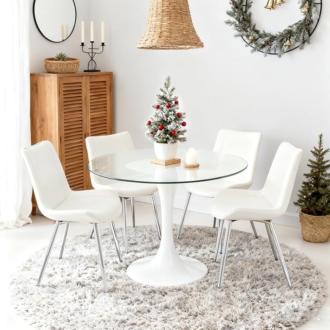 Brage Living Dining Chairs Set of 2, PU Leather Modern Armless Kitchen Dining Room Chairs, Upholstered Accent Side Chairs with Metal Legs (White with Silver Legs)