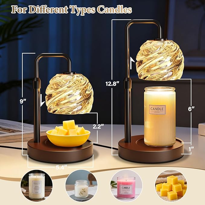 WarmEmbrace Candle Warmer Lamp with Timer for Jar Candles - Dimmable, Height and Brightness Adjustable Electric Wax Warmer Black, 2 Bulbs Included, House Warming Gift & Vintage Home Decor