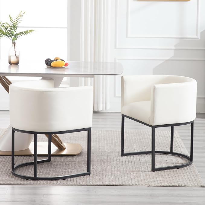 Faux Leather Dining Chairs Set of 2 Modern Barrel Arm Chairs with Black Metal Frame, Upholstered Kitchen Chairs 18.5" Wide Accent Chairs for Living Room Dining Room Restaurant, White