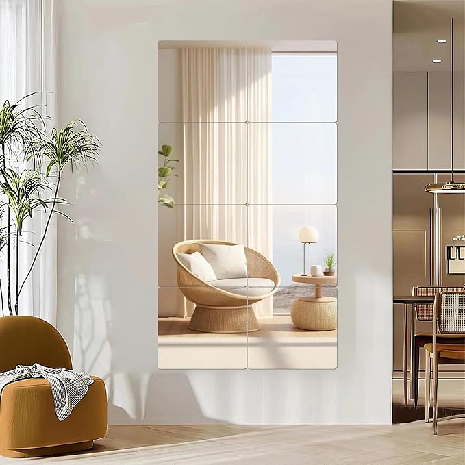 16 Pack 12x12 Inch Shatterproof Acrylic Mirror Tiles, Self-Adhesive Full Body Wall Mirrors for Bedroom, Home Gym, Bathroom & Living Room, Unbreakable Flexible Mirror Sheets