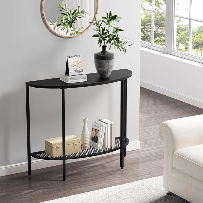 SAYGOER Black Half Moon Console Table 2 Tier Narrow Entryway Table with Storage Modern Couch Table Small Entry Way Tables, Easy Assembly, All Black
