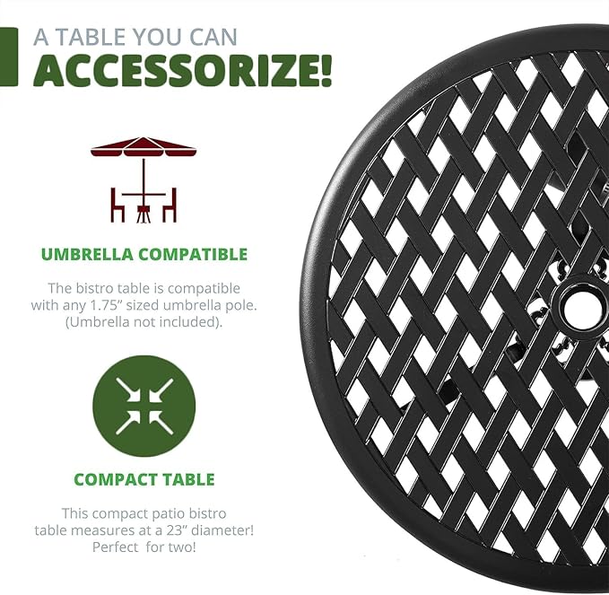 Outdoor Bistro Set 3 Piece Outdoor Bistro Table and Chairs Set Table with Umbrella Hole, Cushions, Cast Aluminum Patio Furniture for Porch, Backyard, Garden, Black