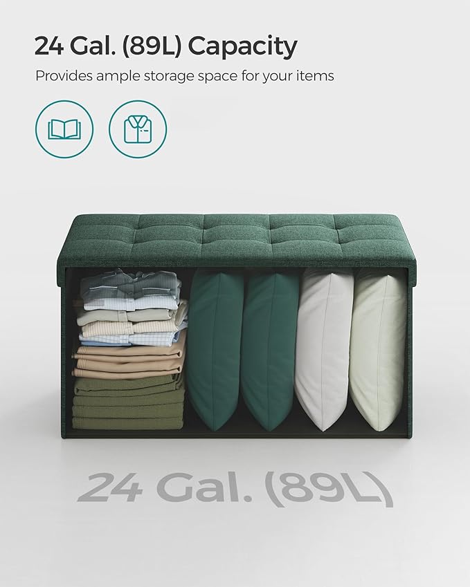 SONGMICS Mazie Collection - 30 Inches Folding Storage Ottoman Bench, Ottoman Foot Rest, End of Bed Bench, Storage Chest, Load 660 lb, for Living Room, Bedroom, Entryway, Retro Green ULSF047C01