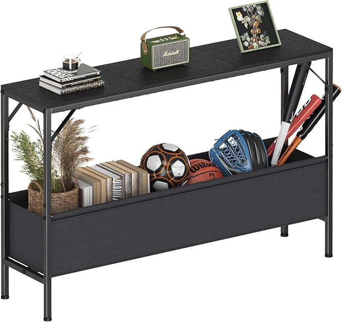 Narrow Console Table with Storage Basket, 47.2'' Behind The Couch Table, Entryway Table, Skinny Console Table, Small Sofa Table, Display Table for Hallway, Foyer, Living Room, Black