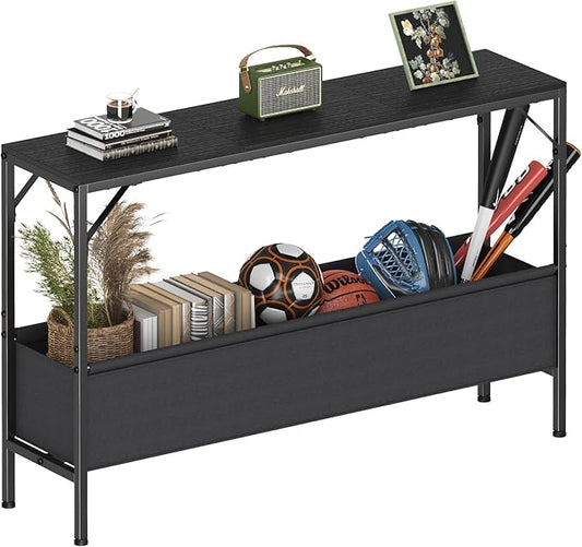 Narrow Console Table with Storage Basket, 47.2'' Behind The Couch Table, Entryway Table, Skinny Console Table, Small Sofa Table, Display Table for Hallway, Foyer, Living Room, Black