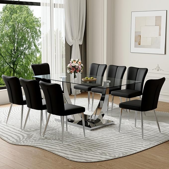 Glass Dining Room Table Set for 8,Kitchen Table Set with 8 PU Leather Chairs,71'' Tempered Glass Dining Table Set with Silver U-Shaped Table Legs and Rectangular Base