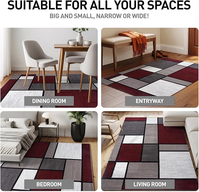 Rugshop Modern Geometric Boxes Red Area Rug, Fade-Resistant Carpet for Living Room, Bedroom, or Family Room, 7'10" x 10'2"