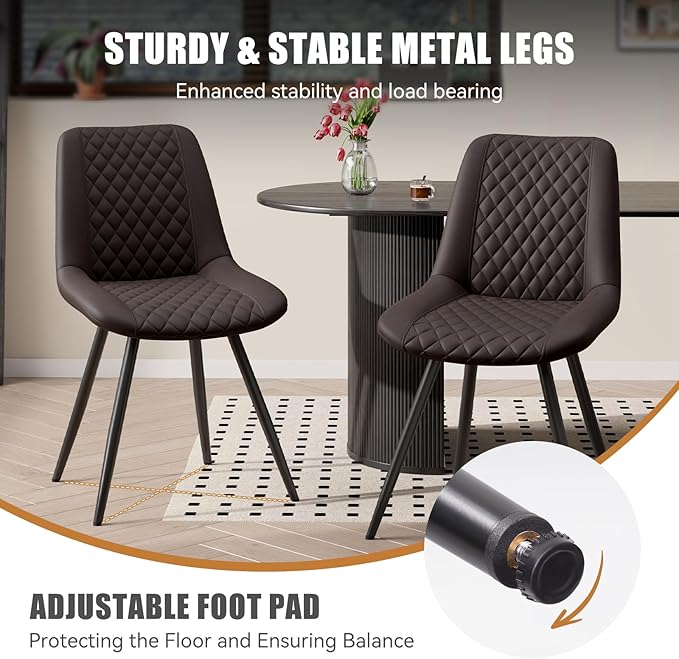 Modern Dining Chairs Set of 6, Top PU Leather Upholstered Dining Room Chairs with Metal Legs, Dark Brown