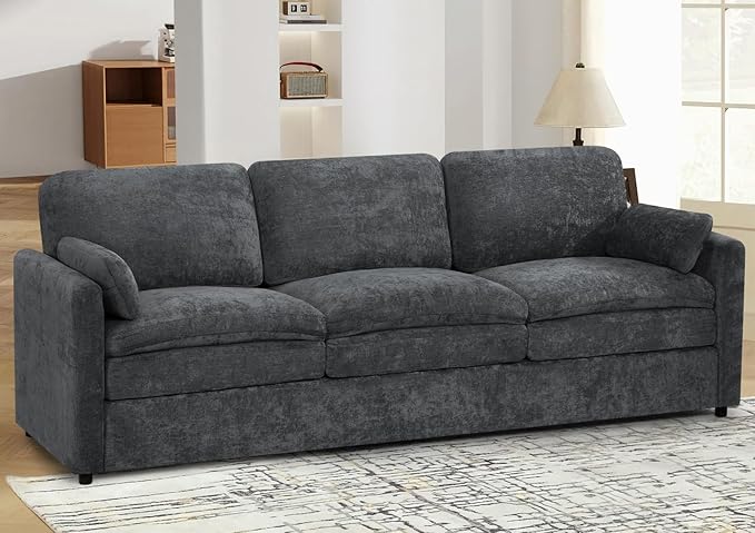 89" Chenille Soft Sofa w/Well-Filled Backrests, Modern Couch w/Plump Pillows, 3 Seater Upholstered Couch w/Thick & Comfy Cushions for Living Room, Bedroom, Grey