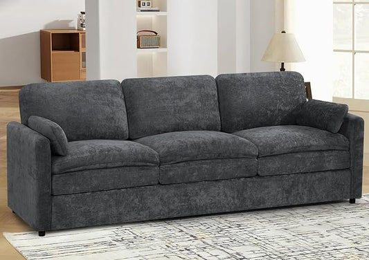 89" Chenille Soft Sofa w/Well-Filled Backrests, Modern Couch w/Plump Pillows, 3 Seater Upholstered Couch w/Thick & Comfy Cushions for Living Room, Bedroom, Grey