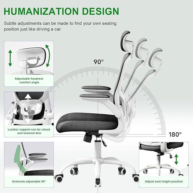 Ergonomic Office Chair with Headrest,Adjustable Back and Lumbar Support, Arm Rest Computer Chair Adults,90-120° Tilt Lock Rolling Swivel,Home Office Task Chair(White-Black)