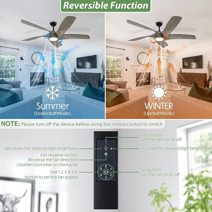 60 inch Wood Ceiling Fans with Lights and Remote,5 Blades Large Walnut Ceiling Fan, Outdoor Ceiling Fanwith 6 Speeds,Reversible DC Motor, Timer for Living Room, Farmhouse, Patio(Grey Oak)