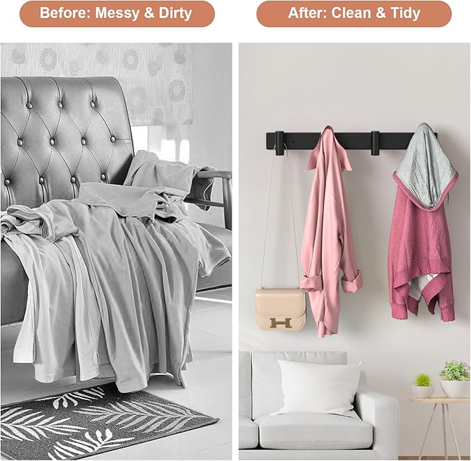 PMMASTO Coat Rack Wall Mounted, 4 "T Shaped Wall Hooks for Hanging, Heavy Duty Stainless Steel Coat Hook Rail for Hat Towel Robes in Bathroom Kitchen Mudroom Entryway (Black, 2PC)