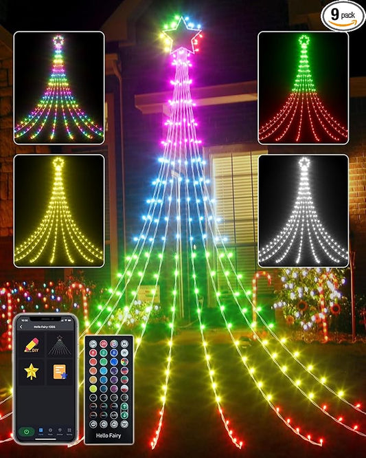 Avatar Controls Smart Outside Christmas Tree Lights for Yard, 16.5FT DIY Color Changing Star Waterfall Lights App Control Music Sync, Timer, Christams Decoations Light Plug in for Outside Xmas Home