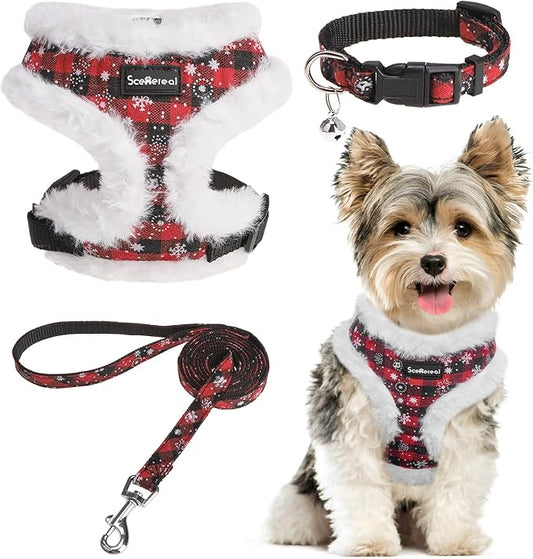 SCENEREAL Dog Christmas Harness Collar and Leash Set, Warm Fleece No Pull Puppy Vest Harnesses No Chock Adjustible Step in Small Pet Halter for Outdoor Walking Training, Black Red Plaid S