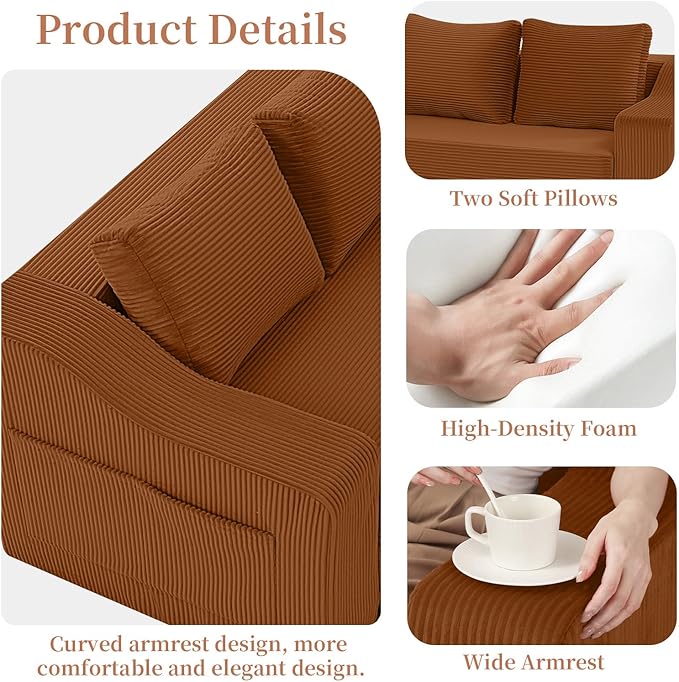 MeMoreCool Convertible Sofa Bed, Pull Out Loveseat Sofa Sleeper Couch for Bedroom Living Room Lounge, 2 in 1 Small Couch Bed with Pillow, Foldable Love Seat Futon Corduroy Orange