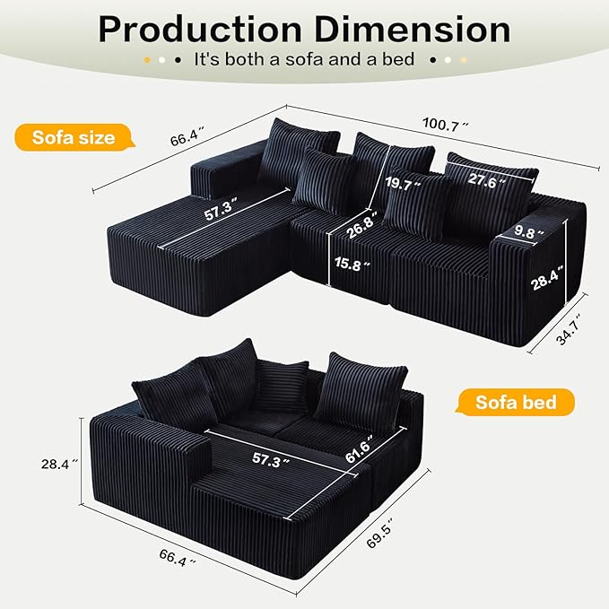 Boneless Sectional Sofa, 100.7" Cloud Sofa with Wide-Wale Corduroy, Deep Seat L Shaped Couch, All-Foam Filled Compressed Couch for Living Room (Black, Corduroy)