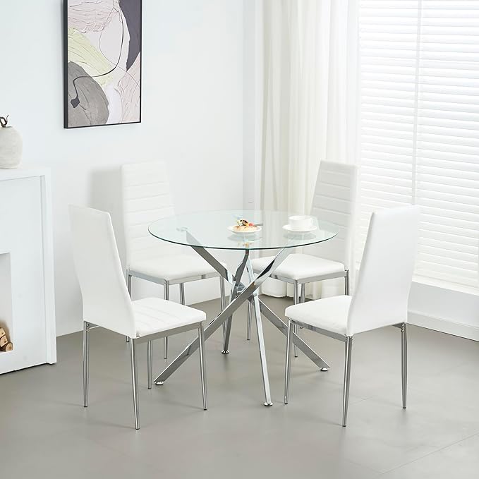 36" Round Glass Dining Table Modern Kitchen Glass Top Table for 4 with Silver Chrome Metal Legs, Clear Dining Table Kitchen Table for Home Office Dining Room