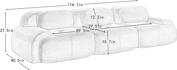 116" Modern Corduroy Cloud Sofa, Boneless Modular Large Sectional Couches for Living Room, Pink 3 Seater Compressed Memory Foam Couch, Extra Deep Seat, No Assembly