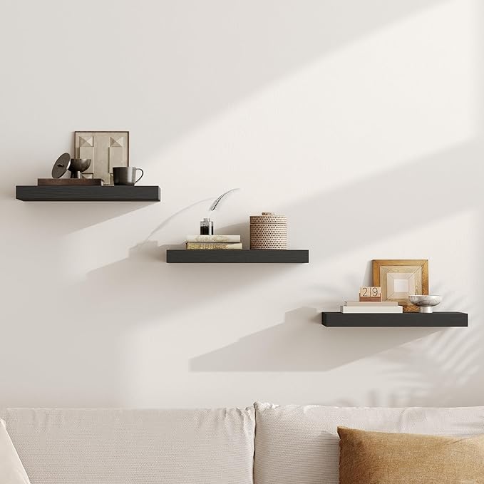 Floating Shelves for Wall, 1.5" Thick Wall Shelf Set of 3 with Invisible Brackets, 15.7L x 7.9W Hanging Book Shelves Farmhouse Home Decor for Bathroom, Living Room, Bedroom, Black 4301BJP3BK